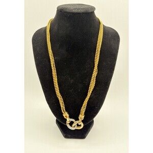 Gold Tone Multi Strand Beaded Necklace Toggle Ring Pendant Statement